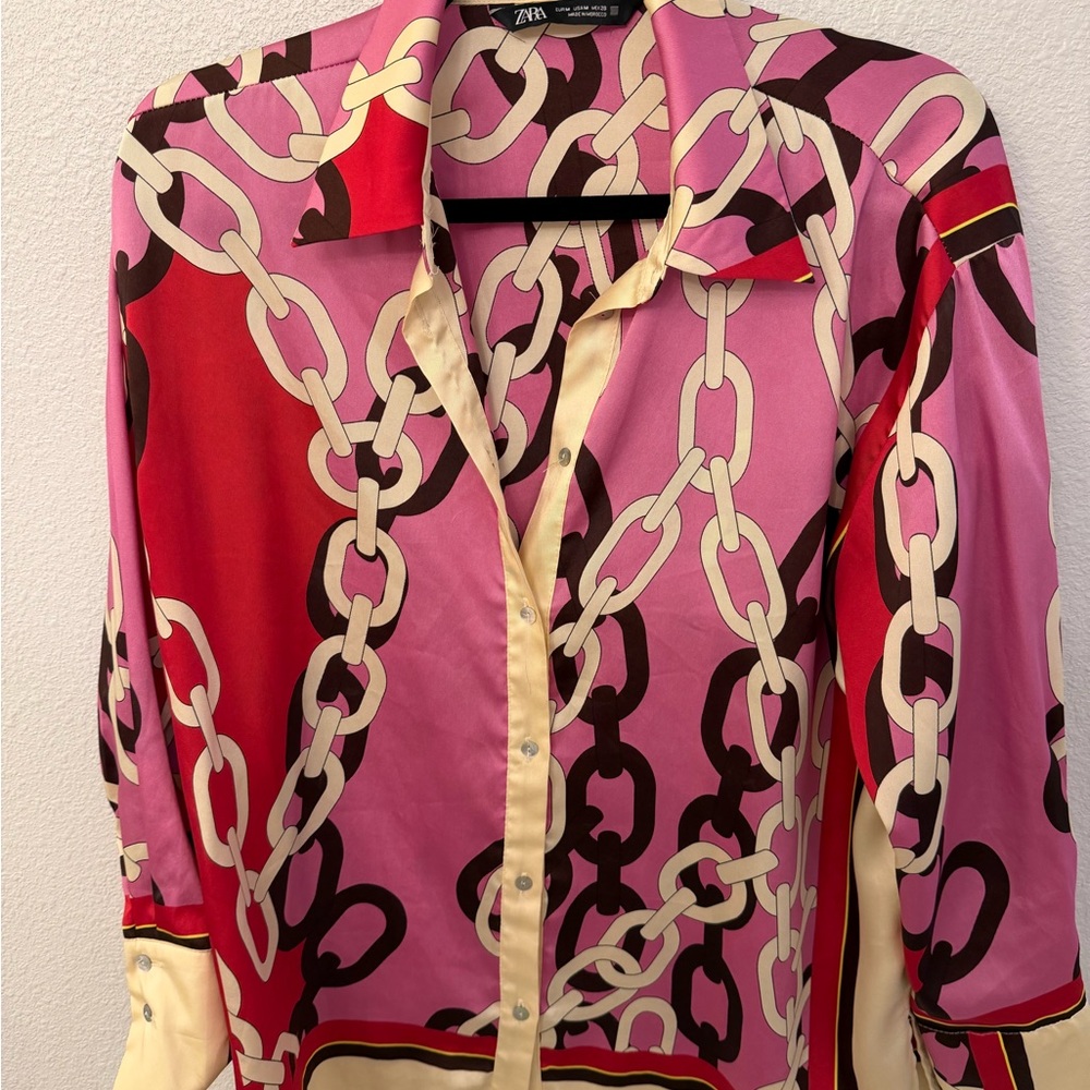 Zara Pink Red Chain-Print Button-Up Blouse
